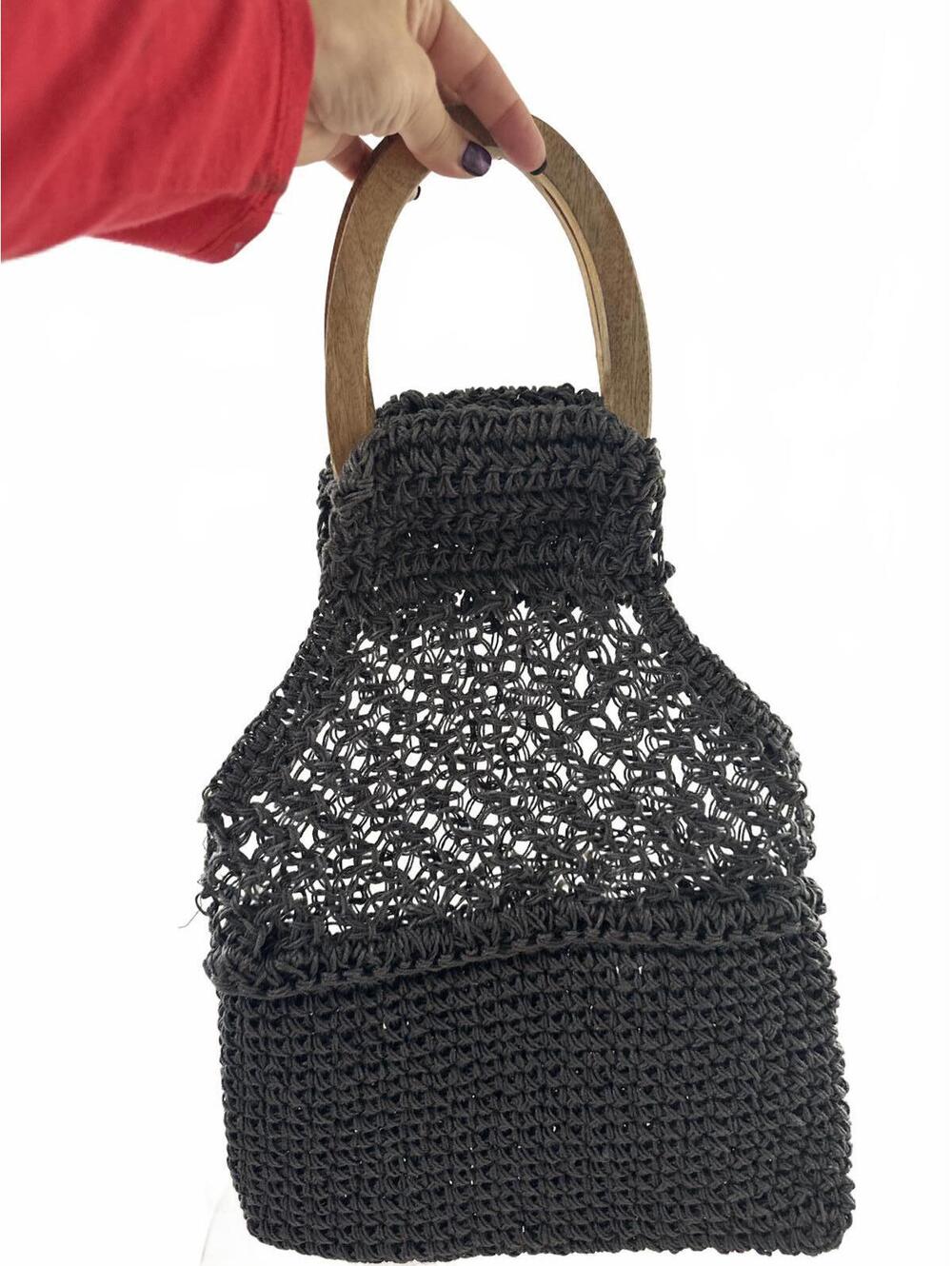 Handcrafted Gray Crochet Bag with Wooden Handles - Picture 6 of 6